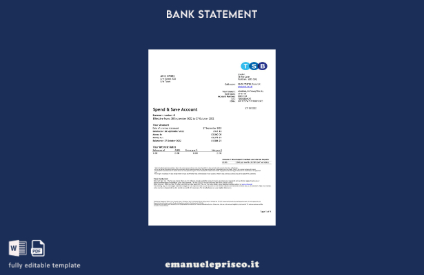 modello di pagine Excel dell'estratto conto bancario TBS del Regno Unito in stil